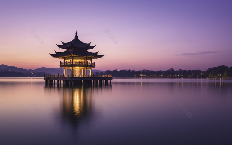 中式古建夕阳蓝紫西湖亭子倒影,高清,摄影图,摄影图片,图片大全,摄影图免费下载